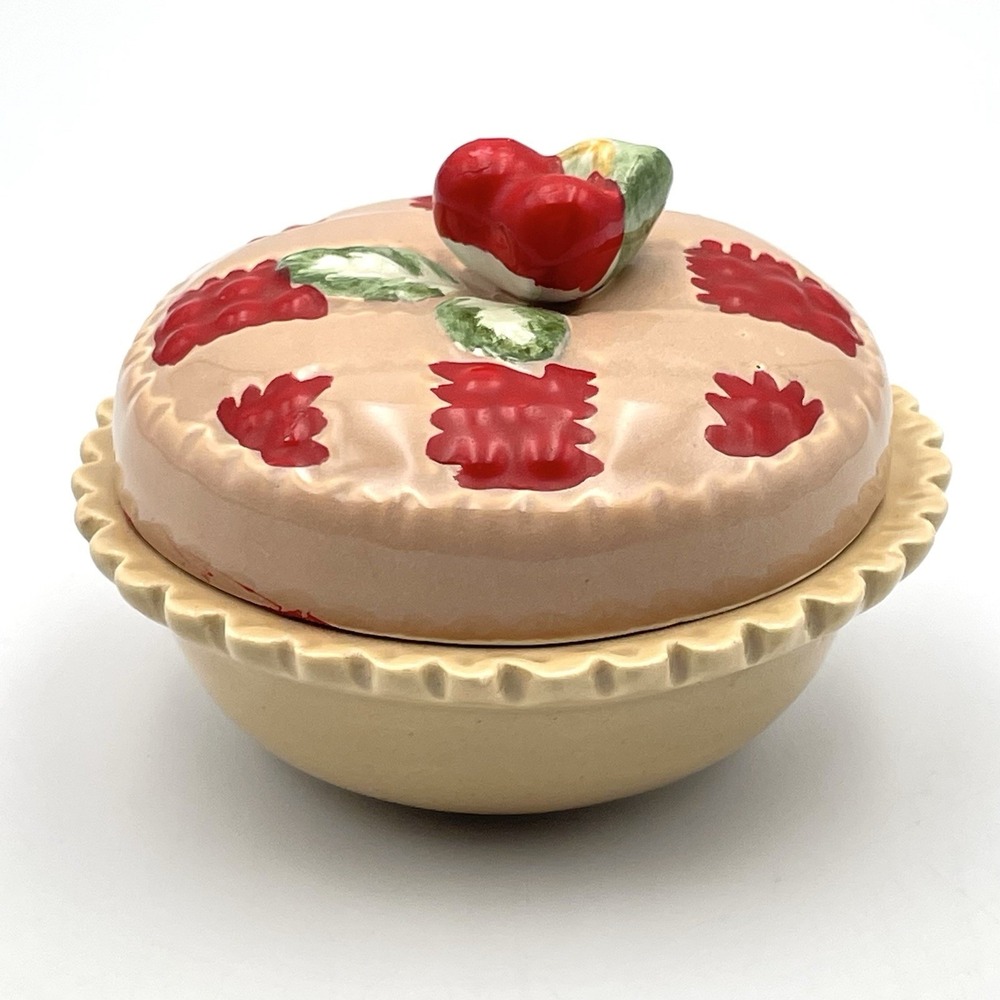 Cherry Pie Ceramic Covered Dish Trinket Box Lidded Bowl 4" Cottage Kitchen Decor